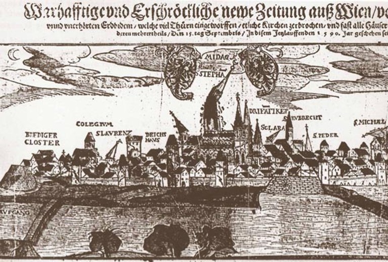 © ZAMG, Ausschnitt der Zeitgenössischen Flugschrift über die Auswirkung des Erdbebens vom 15. September 1590 in Wien. Hans Schultes, Augsburg 1590.
